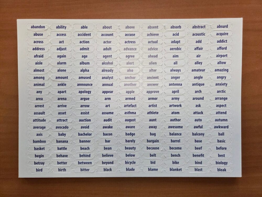 Shuffle Seed A5 sheet A5 carton sheet with alphabetized BIP39 words as punch-out chips