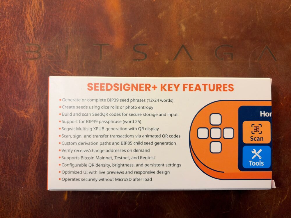 SeedSigner+ key features printed on the back of the retail box